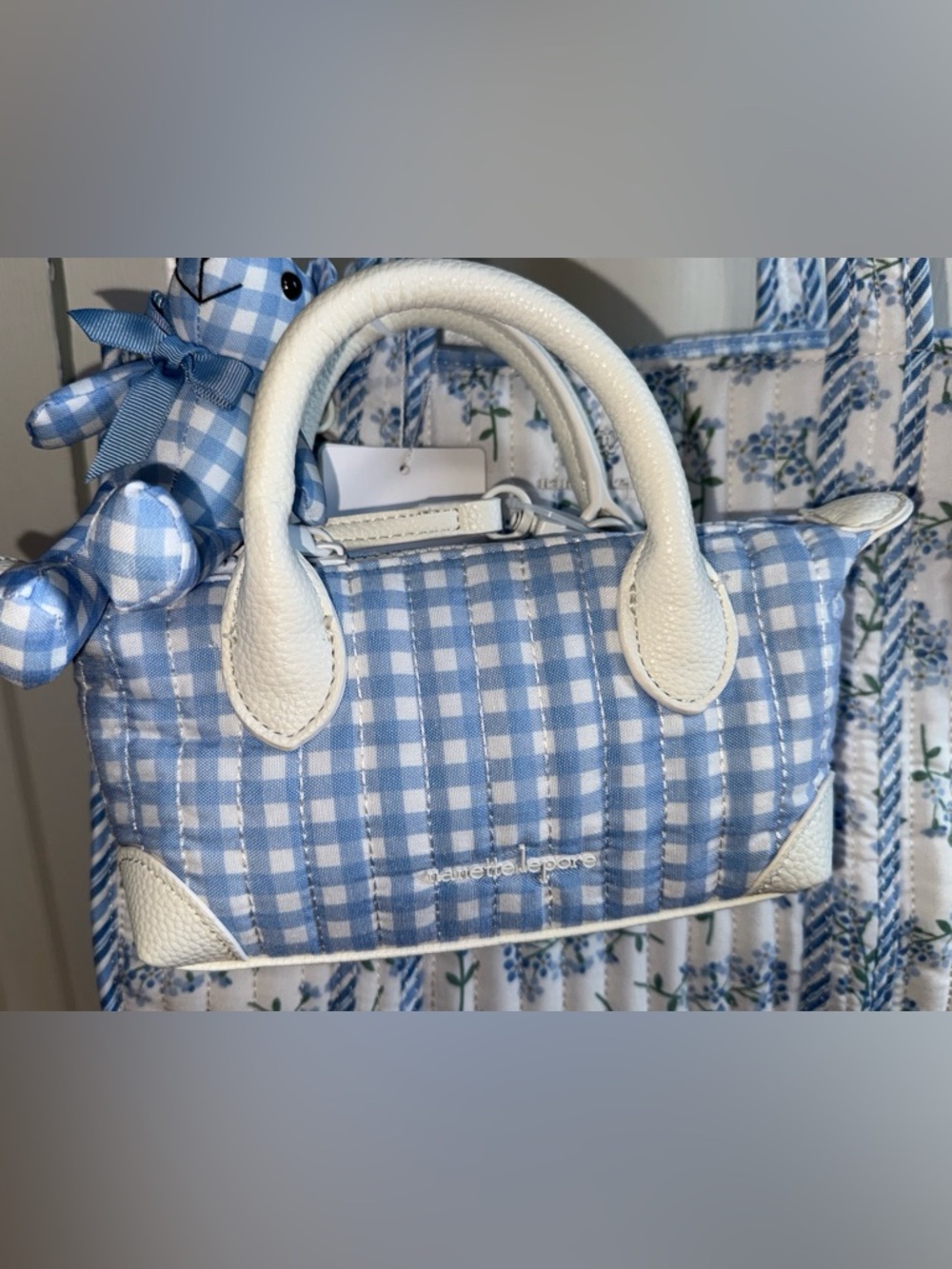 Nanette Lepore Blue Gingham & Floral Quilted Tote with Mini Satchel. NWT 3 piece - Picture 5 of 17